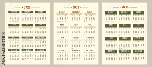 Calendar 2026 set. Vintage daily planner template with minimalist design. Monthly pages for wall print, desktop, business. Printable stationery. Week starts on Sunday. Vector flat illustration