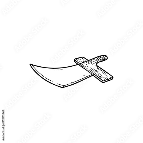  Black lined icon of Polynesian coconut scraper tool with curved blade and flat wooden seat