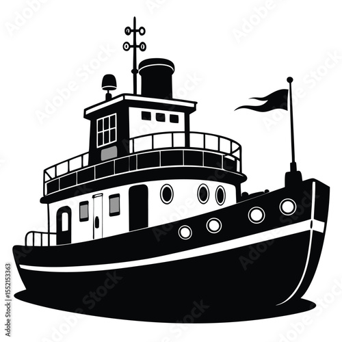 Black and White Illustration of a Charming Cartoon Tugboat with a Waving Flag