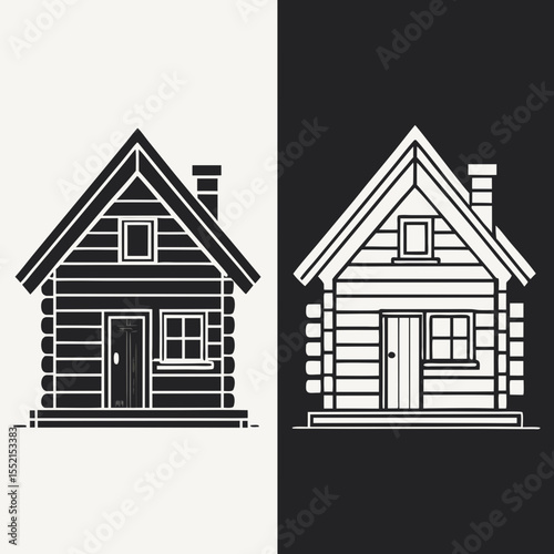 Simple line art log cabin illustration in black and white opposite backgrounds