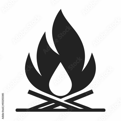 Simple black icon of a campfire with flames and burning logs on a white background