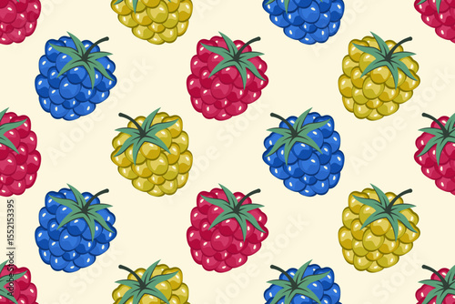 Berries Seamless pattern. Raspberry and blackberry background. Colour Fruit pattern. Whole Ripe red raspberry and  blackberry with green leaf. Fresh juicy vitamin. Vector illustration