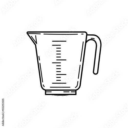  Black lined icon of measuring cup with graduated marks and pouring spout in side view