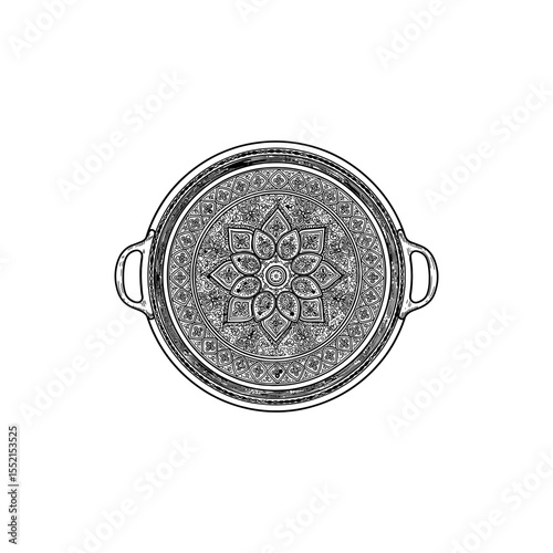  Black lined icon of Middle Eastern brass tray with ornate border in circular shape