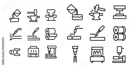 Metalworking and fabrication line icons set – outline, workshop, industrial tools