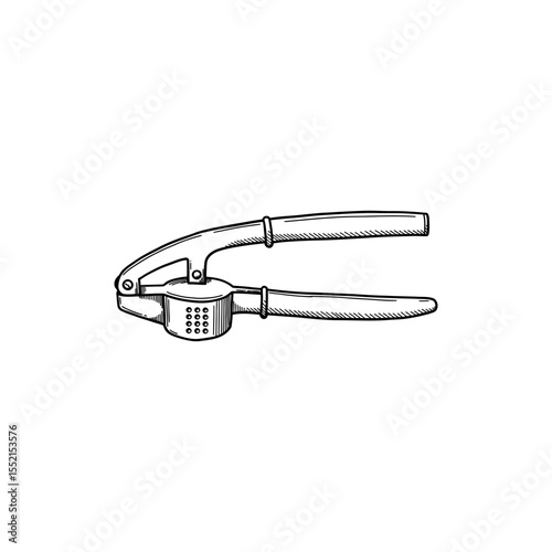 Black line icon of garlic press shown open with hinge and crushing chamber visible