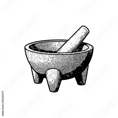  Black lined icon of Latin American molcajete stone bowl with three legs and tejolote pestle