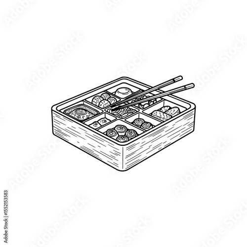 Black line icon of Japanese bento box with multiple compartments and chopsticks