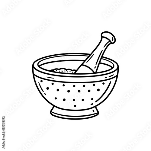 Black line icon of Ghanaian Asanka grinding bowl with textured interior and Tapoli pestle