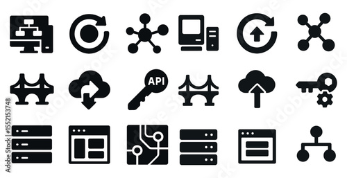 Networking and cloud technology icons set – solid, filled, data management tools