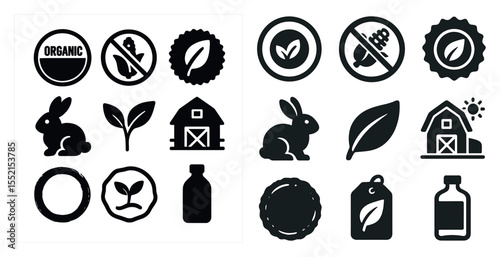 Organic farming silhouette icons set – agriculture, eco-friendly, nature symbols