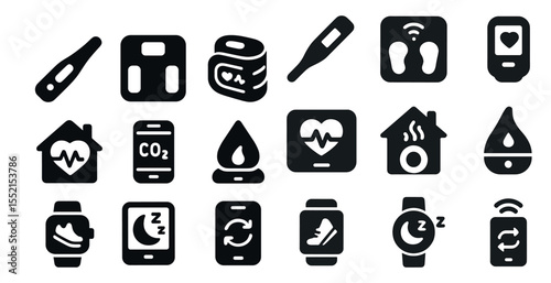 Health and fitness icons set - solid, filled, wellness and exercise symbols