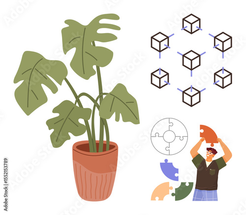 Tropical plant in a pot, blockchain cubes highlighting digital networks, person assembling puzzle pieces. Ideal for creativity, technology, teamwork, problem-solving, innovation, growth