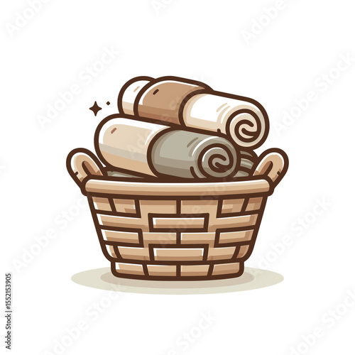 Wicker basket with rolled towels in cartoon vintage style