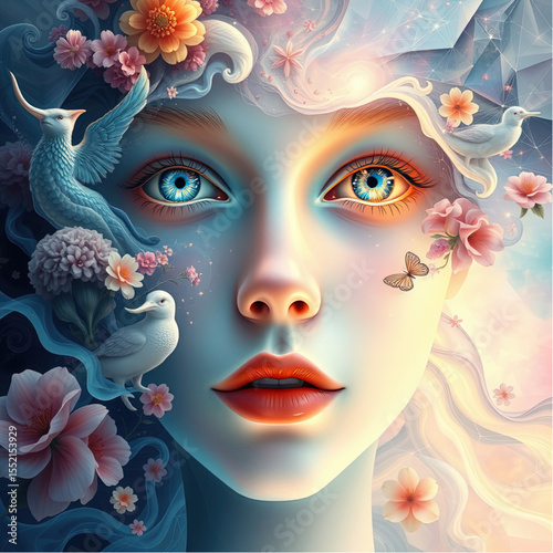 A fantasy face that breaks down into fluid shapes transforming into abstract creatures, flowers, and dreamlike geometries, delicate light tones_1.eps