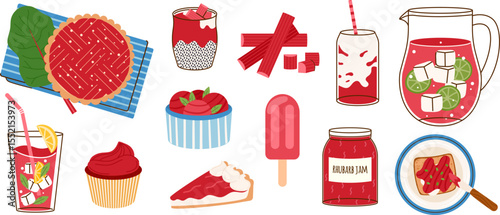 Rhubarb cooking desserts, drinks, and food, cartoon vector illustration set