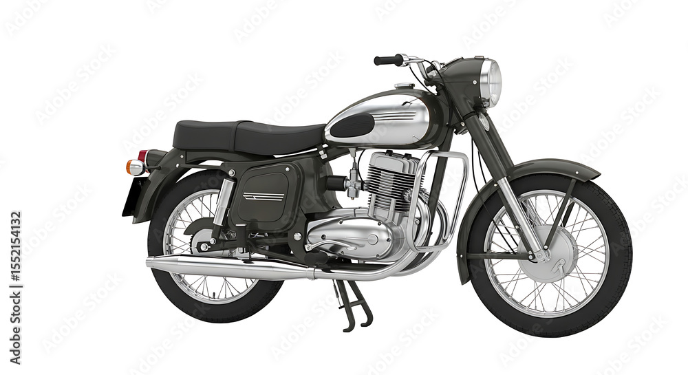 Obraz premium A vintage motorcycle, featuring chrome accents and a classic design, is displayed against a white background.