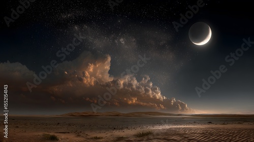 Bright nebula cloud formation visible above sand covered Arabian desert under crescent moon rich astrophotography custom Middle Eastern background space meet earth art top selling regional cosmic