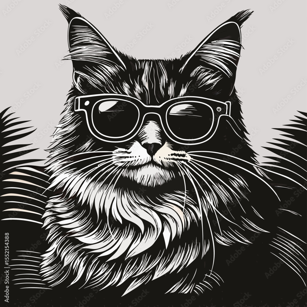 Cool Maine Coon Cat Wearing Sunglasses, Black and White Illustration Cool Maine Coon Cat Wearing Sunglasses, Black and White Illustration