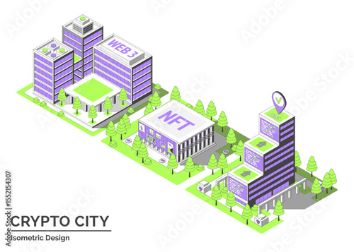 Cartoon Color Startup Coworking, NFT Gallery and Smart Contract Hub Building Crypto City Concept 3d Isometric View Line Elements. Vector illustration