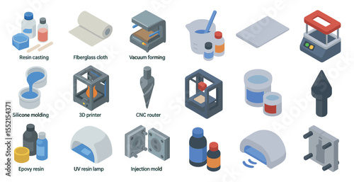 3d printing and manufacturing icons set – isometric, silicone, fiberglass graphics