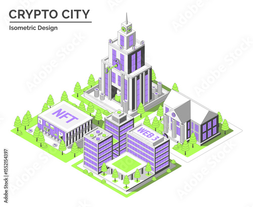 Cartoon Color Wallet Company, NFT Gallery, Startup Coworking and Bank Building Crypto City Concept 3d Isometric View Line Elements. Vector illustration