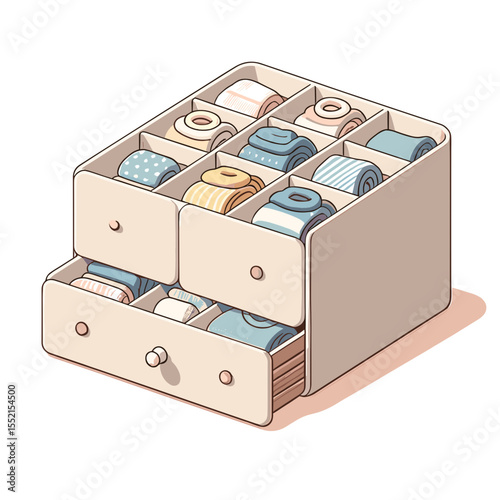  Drawer organizer with neatly rolled clothes in pastel illustration