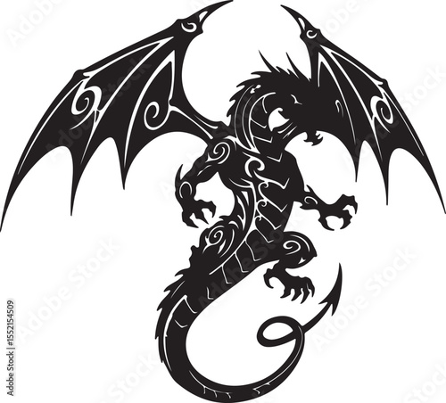 Stylized tribal dragon silhouette with aggressive pose, large wings, and spiral tail, in black and white only, high contrast tattoo art