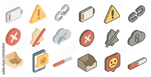 Warning and alert icons set – isometric, linear, caution and notification symbols