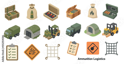 Ammunition logistics 3d icons set – military, transport, supply chain symbols