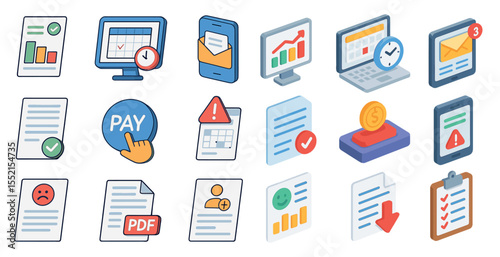 Business and finance isometric icons set – 3d, analytics, spreadsheet visuals