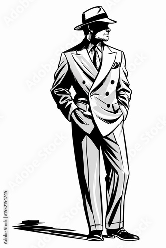 Retro 1920s Gangster Man in Suit, Fedora Hat Illustration