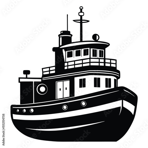 Stylized Black and Maritime Boat Illustration Depicting A Nautical Tugboat Silhouette with Details