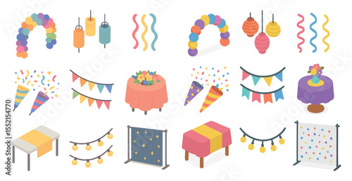 Party celebration isometric icons set – festive, decorative, event symbols