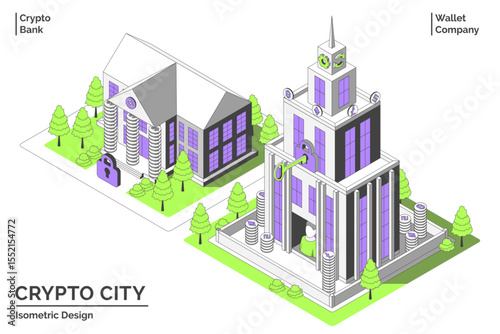 Cartoon Color Bank and Wallet Company Building Crypto City Concept 3d Isometric View Line Elements. Vector illustration