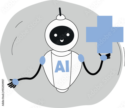 Vector graphics assistant AI in medicine. Cute smiling robot helps to choose health insurance, diagnostics using neural network. For topics on AI development, machine learning,