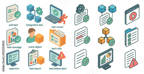 Software testing isometric icons set – unit, integration, quality assurance