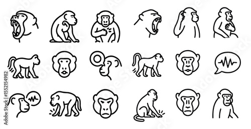 Animal behavior outline icons set – linear, silhouette, primate and monkey symbols