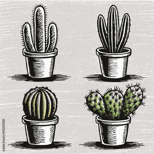 Four Potted Cactus Plants: Vintage Illustration