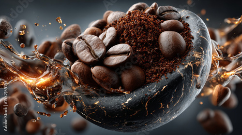 Explosion of coffee bean and powder isolated on white background. Vector realistic illustration of shredded roasted ground coffee and burst of arabica grain with splash of brown dust