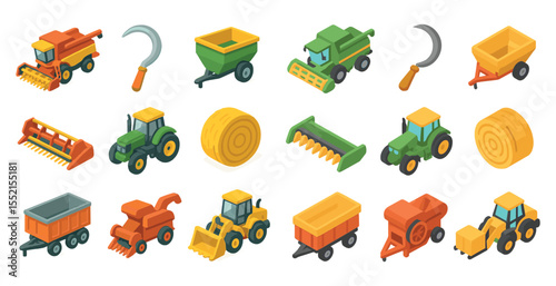 Agricultural equipment icons set – isometric, farm machinery, harvest tools graphics