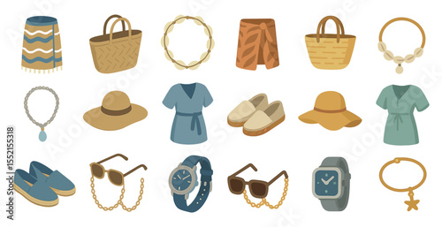 Beachwear and accessories icons set – flat, silhouette, summer and fashion elements