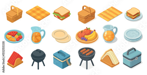 Picnic and outdoor isometric icons set – 3d, flat, camping and bbq graphics