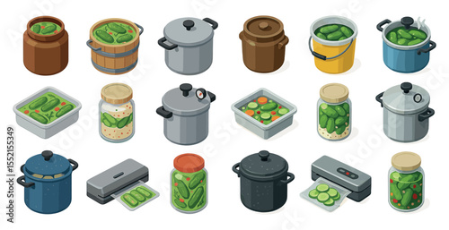 Pickling and fermentation isometric icons set – vector, outline, culinary symbols