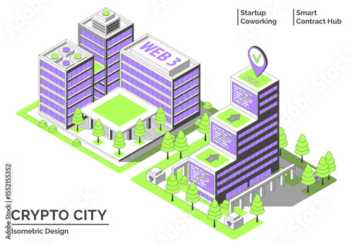 Cartoon Color Startup Coworking and Smart Contract Hub Building Crypto City Concept 3d Isometric View Line Elements. Vector illustration