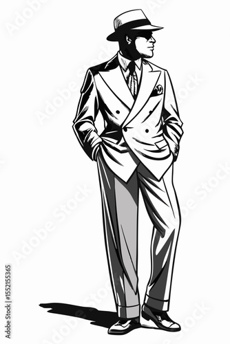 1920s Gangster Fashion: Black and White Illustration of a Man in a Double-Breasted Suit