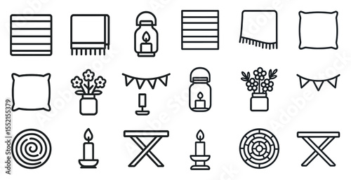 Home decor and furnishing outline icons set – line, linear, interior design symbols