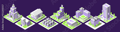 Cartoon Color Different Types Buildings Architecture Crypto City Concept 3d Isometric View Line Elements. Vector illustration