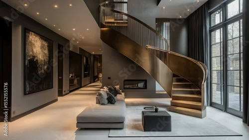 Contemporary interior with wooden staircase and modern lighting design