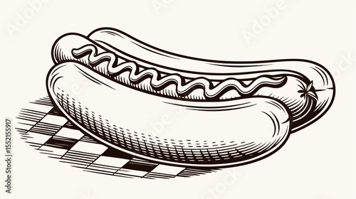 Vintage Style Hot Dog Illustration:  Black and White Drawing of Two Hot Dogs with Mustard